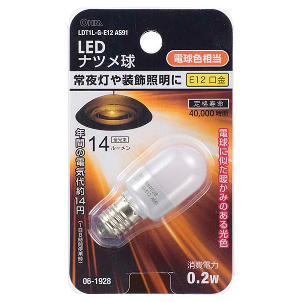 LDT1L-G-E12 AS91 LEDナツメ球(0.2W/14lm/電球色/E12)
